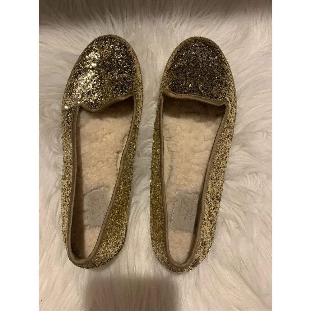 UGG Alloway Glitter Flats Shoes Size 8 Metallic Gold Slip On Sheepskin Comfy GUC
